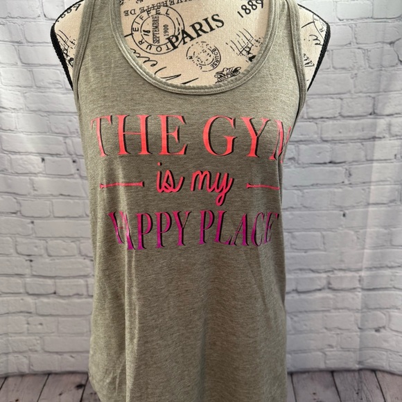 Danskin Now Gray Racerback Gym Is My Happy Place Workout Loose Fit Tee Sz M 8/10 - Picture 5 of 6